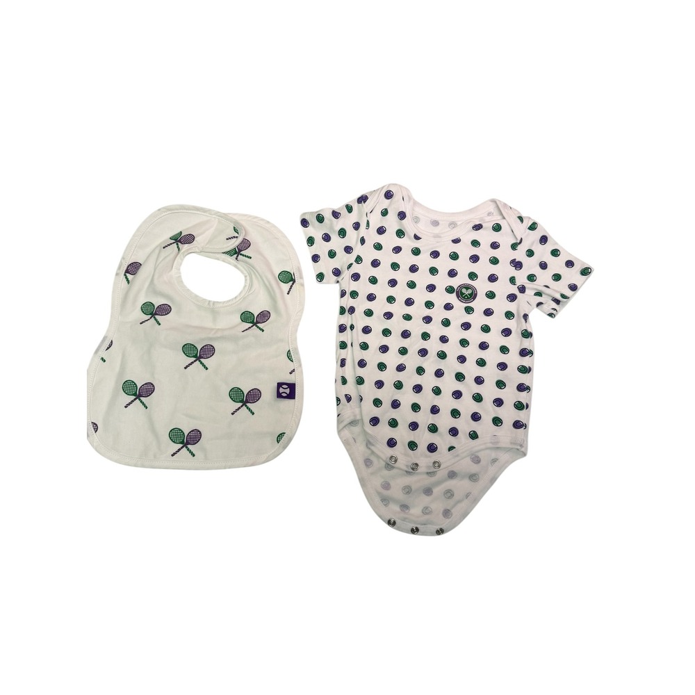 Wimbledon Bodysuit & Bib Set Kids 12-18 Months White Tennis Ball Print